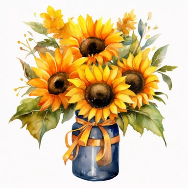 clipart representing something related to sunflowers. It can be a simple flower or a bouquet of sunflowers, it can be a bouquet of sunflowers in the jar or vase, it can also be for example a wreth made of sunflowers. watercolor