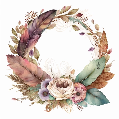 intricate and detailed watercolor simple circle border for wedding clipart masterpiece of boho floral arrangement with boho flowers and feathers and leaves, exquisite realism caricature style with excellent depth color shading, use of fabric, soft and subtle colors of watercolor style, plain background