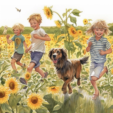 watercolor, hyper realistic, white background, white margins, 16k, ultra detailed clipart, cut out image, hand-drawn illustration style for picture books A group of children playing among the sunflowers, with a dog running around. Use warm golden and green tones for the sunflowers and grassy field, and a bright red tone for the dog's collar.