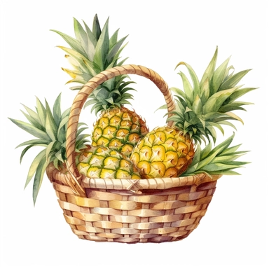 picturesque, simple, bright, the best simple Assorted pineapple in a basket in the world, clipart on white background, watercolor, painted by Beatrix Potter, 8k