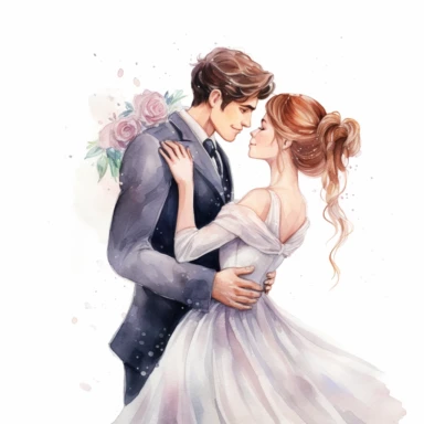 Caucasian bride and fair-skinned groom, sharing a sweet embrace, tender and affectionate, watercolor, Pixar style, Clipart on a white background.
