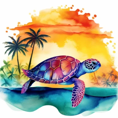 Colorfull clip art watercolor for kids, Create a watercolor clipart of a sea turtle swimming in a tropical paradise with vibrant colors, featuring lush palm trees, sandy beaches, and a beautiful sunset in the background, 8k