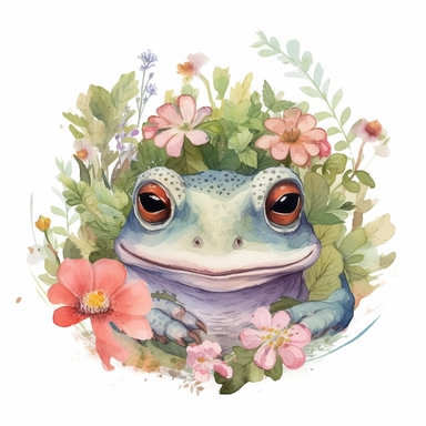 a clip art of a cute frog face surrounded by wild flowers watercolored cottagecore