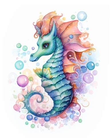 seahorse , beautiful, realistic, pastel Rainbow aesthetic, colored pencil and watercolor, white background, clipart, illustration,comic,magic,glitter.
