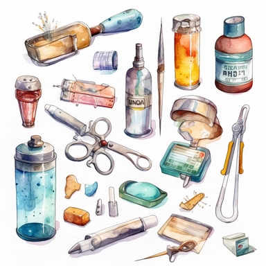 watercolor doctor related scenes and medical devices or tools , illustrations clipart set, simple, , cartoon elements ,different variants , glucometer, insulin syringe, nurse, doctor, stethtescope, weighing scale, tweezers, microscope, ambulance, , separate elements with a margin, ,4k, high resolution