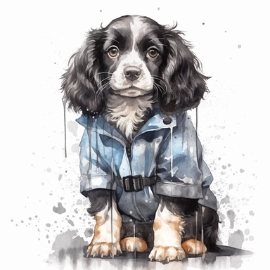 cute watercolor black and white spaniel puppy illustration, clipart, high detail wearing a fluffy raincoat with rain and puddles. high detail hd 8k, watercolor background,