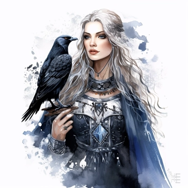 Mhytologic style beautiful impressive silver long haired goddess woman wearing warrior dressed and a raven posited on her hand with watercolor effect,suitable for digital clipart,white background,many twinkles,celtic mhytology scene,warrior style,detailed features,hero style