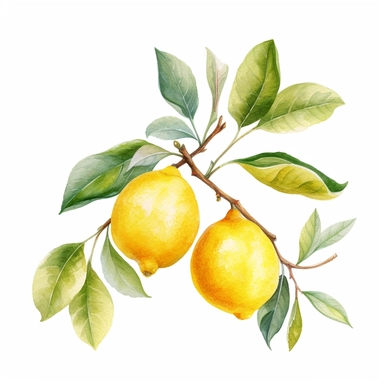 Watercolor clipart cute lemon branch with leaves. White background