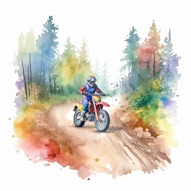 watercolor clipart of dirt bike of road track, environment scene, rainbow colors