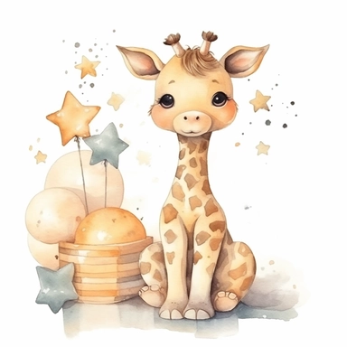 cute watercolor newborn soft beige baby giraffe toy smiling with stars and birthday cake, watercolor effect, isolated white background, babyshower clipart, soft beige tones