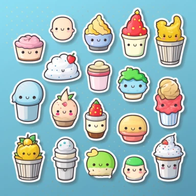 clipart elements, series of stickers, super cute sweets , kawaii style, each sticker with a white outline, light grey background