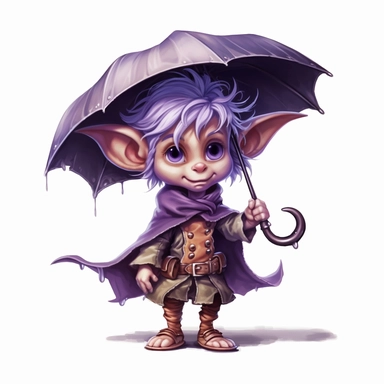 Cute Adorable magical little Elf with big pointed ears holds a umbrella in his hand wears a raincape and stand in the rain on a country road, clipart, photorealistic illustration, watercolor, high detail, 8k polished, 8k, vibrant colors, sticker, majestic, die cut, black and purple color, white background