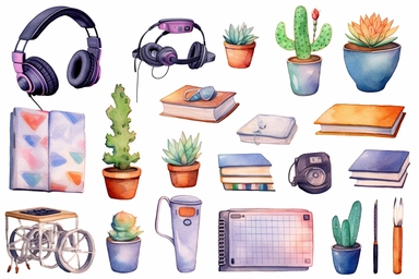 minimalistic clipart set access back to school watercolor clipart, headphones, book, mobile, Cute kawaii sticker