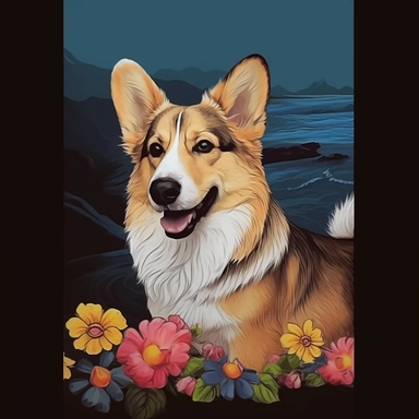 artwork of t shirt graphic of dog waer viking style in digital painting style ,colorful color, beautiful flowers, sunrise mountains and clouds , big sea waves, water splashes, black background, colorful fantasy flower sorround, highly detailed clean, vector image, photorealistic masterpiece, professional photography, realistic, , isometric, vibrant vector, clipart, illustration, realism, 4k, , cinematic, front view