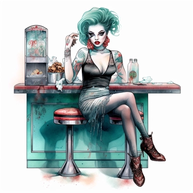 hand drawn pin up teal zombie woman, sitting on a stool in a 50’s diner, at the counter, mini juke box on counter with zombie food, shades of teal and burgundy, goth, glamorous, Halloween, very detailed and realistic, watercolor, clear white background with margins, clipart style