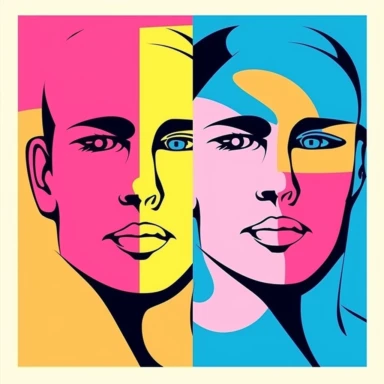 face illustration cartoon portraits face line illustration human face clipart silhouette, in the style of pink and azure, pop art style, handsome, light yellow and light navy, vibrant figurative expressionism