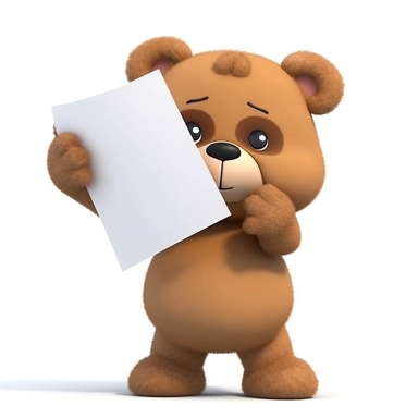 3d cute brown Teddy bear holding a blank piece of paper in its paws, clipart cartoon style, low angle, simple white background, vivid, digital art, 8k, high quality