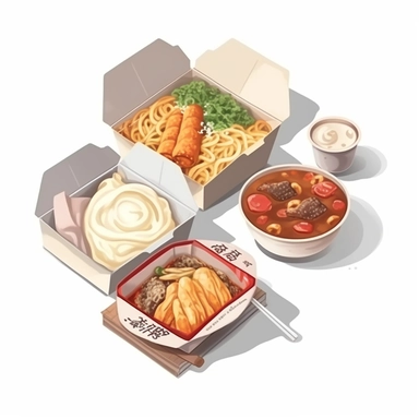white background, isometric icon, clipart, food takeaway box, watercolor, hyper realistic, korean illustration style,