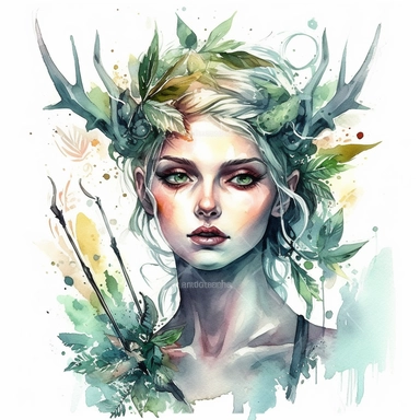 a watercolor clipart with white background of a forest elf girl with leafy clothing and a bow and arrow, in the style of nightmarish illustrations, serene faces, dark and intricate, goosepunk, iridescent, dark, foreboding colors, official art, colorful background, in the style of neon realism, detailed atmospheric portraits, dark and intricate, serene faces, yup'ik art, 2d game art, glowwave, 2d, glowwave, ethereal figures