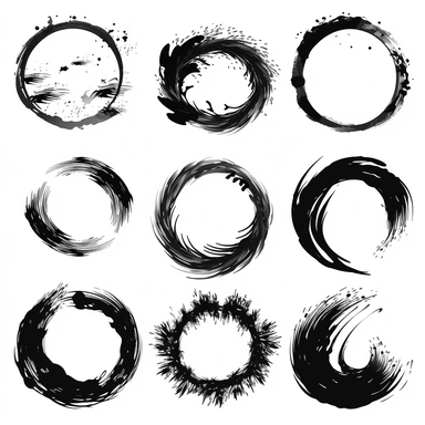 Abstract black paint brushstroke circles pack. Enso zen ink brush style symbol set. Buddhism, oriental sign vector illustration. clipart vector svg