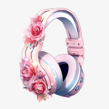 Watercolour rose gold and pastel detailed 3d gaming headset, surrounded by beautiful roses and Swarovski crystals and diamonds, svg clipart style, solid white background, clipart element, clipart style
