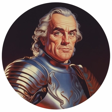 Arthur Sarnoff's character portrait circular tondo depicting a uniformed fantasy knight, Boris Vallejo Mike Allred Josh Kirby, clipart illustration, circular solid background circular border
