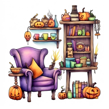 Cute witch furniture, ink and wash, watercolor Clipart, style by Lucy Fleming, watercolor, smooth gradients, black contour outline, ultra detailed, clipart elements, delicate pastel colors, solid white background, super clear, high quality