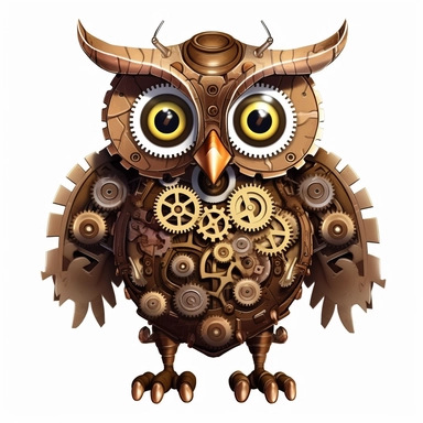 friendly owl with big cute eyes, standing up, in the style of steampunk, clipart, white background, lots of cogs