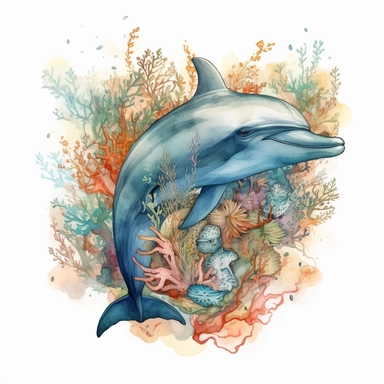 watercolor dolphin swimming through plants and corals, shades of coral turquoise yellow and blue, glamorous, very detailed and realistic, white background with margins, clipart style