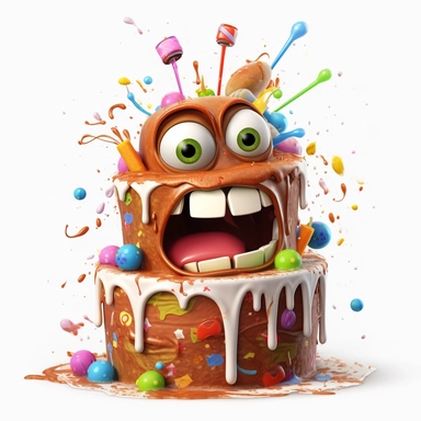 clipart of a messy two layer birthday cake, there is a funny face in the cake, candles, cartoon, for kids, funny, pixar, 8k, white background, sharp focus, detailed,
