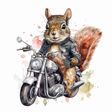 squirrel riding on harley davidson, motorcycle gang outfit, handpainted,watercolor, vector, clipart, clean white background