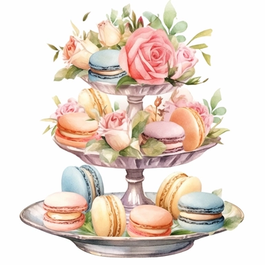 Clipart, Watercolor, Blush Peony Shabby Chic Tier Candy Tray with cupcakes, Macarrons and sandwiches, light colors, hand-draw, texture