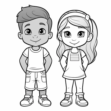 dark skinned boy and white girl, b&w lineart, minimalist style, white background, full body, picture, coloring book style on white background, well composed, clean coloring book page, No dither, no gradient, strong outline, No fill, No solids, vector illustration, clipart, simple, cartoon –ar 9:11 –v 5