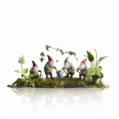 A group of Garden gnomes working together to water plants in the garden using an array of tiny watering cans. The sunlight filters through the foliage, creating a magical interplay of light and shadow. The design captures the whimsical nature of the scene, with sharp lines accentuating the gnomes' charming personalities. Sunshine, white background, style of Pierre-Joseph Redoute, as clipart, single design, sharp lines, dreamy.