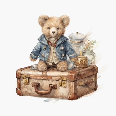 cute baby teddy bear, traveling in luxury antique train with vintage Louis Vuitton suitcases, wearing vintage traveling clothes , sublimation graphics, by Beatrix Potter, Watercolor clipart, single design, print on demand image, PNG transparent background, white background, 8k