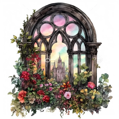 a gothic victorian window, overgrown with very big colorful flowers and a lot of green beautifully designed, very clear view on a detailed victorian city, in the style of dark intense colors, oh my god is this beautiful, watercolor, clipart, white background