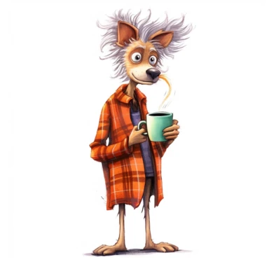 a very skinny dog with frizzed out hair, holding a mug of coffee, tired, flannel plaid pajamas, perfect placement of tail, cartoon, pixar style, full body image, clipart, white background