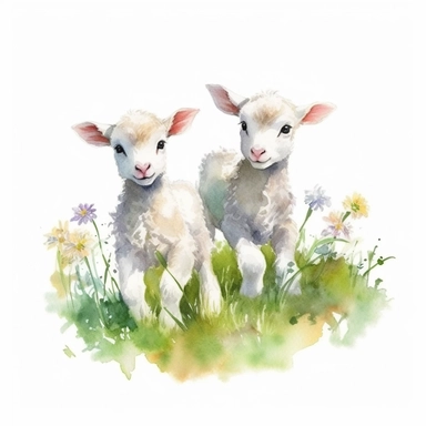 cute baby lambs playing in the meadow, clipart, white background, watercolor style--q2--v5.1--s1000