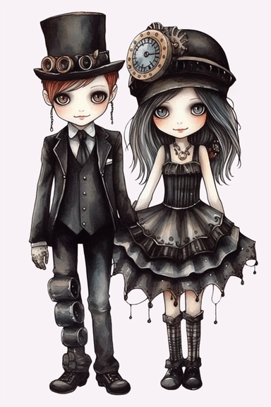 watercolor mixed media goth steampunk boy and girl entire body in goth steampunk wedding décor illustration clipart by holly hobbie