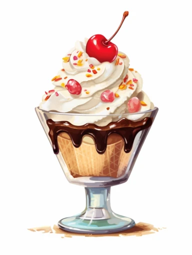 Classic Sundae Delight: A scoop of creamy vanilla ice cream topped with luscious chocolate syrup, whipped cream, sprinkles, and a cherry on top. Served in a traditional glass sundae dish. Artistic watercolor clipart