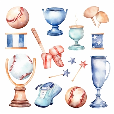 Watercolor cute little baseball trophy related items , illustrations clipart set, simple, christmas colors , cartoon elements ,different variants , championship cupseparate elements with a margin, 4k, high resolution