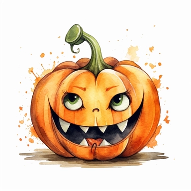 Halloween pumpkin, funny face, watercolor illustration for kids and children, clipart, sublimation, white background