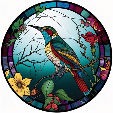 Exotic Bird Colorful Stained Glass Circle Clipart, white background,
