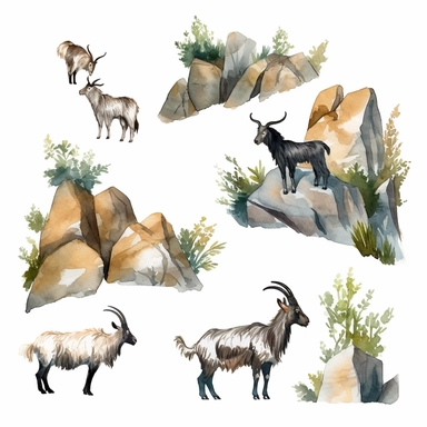 Watercolor wild goats climbing rocks in mountain , illustrations clipart set, simple , cartoon elements, rocks, bushes , different variants , , separate elements with a margin