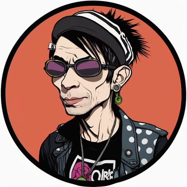 caricature DJ Qualls punk beret sunglasses fashionable, Dungeons & Dragons, handpainted punk zine fashion poster, clipart illustration, circle white background, circle border