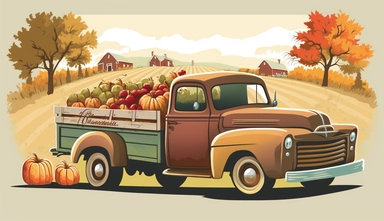 a clipart of a fall truck full of harvest, featuring a vintage pickup truck filled with freshly harvested pumpkins, apples, and hay, set against a scenic countryside with colorful trees and rolling hills in the background, invoking the feeling of being in a charming rural setting during the autumn season, hand-drawn fashion illustration on paper lose style,