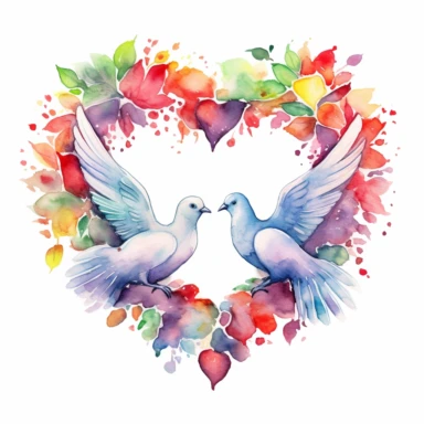 rainbow watercolor clipart of wedding doves kissing inside a floral heart wreath, colored ink illustration, good composition, vector, contour, isolated white background, 26k