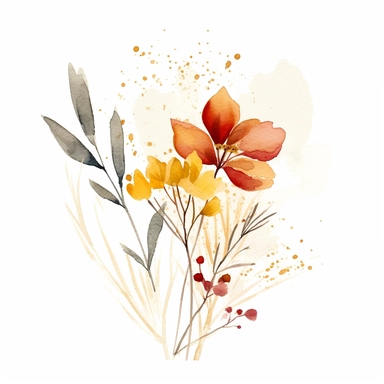 a kimo with an abstract watercolor clipart of vintage red, brown and yellow flowers, on isolated pure white background flowers and foliages should be spread apart, dont centralize stems of plants and spread the foliage out in a sqare format in the style of lucy grossmith, minimalist nature studies, white and amber, mandy disher, detailed botanical illustrations, ready-made, winslow homer