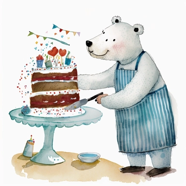 clipart, beautiful smiling,Polar bear,wear beautiful apron, with cake, Usborne and Eric Carle,