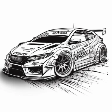 rally car, look like honda, line art, coloring page, printable, thin lines, no details, no shadow, crisp lines, illustration, vector, clipart